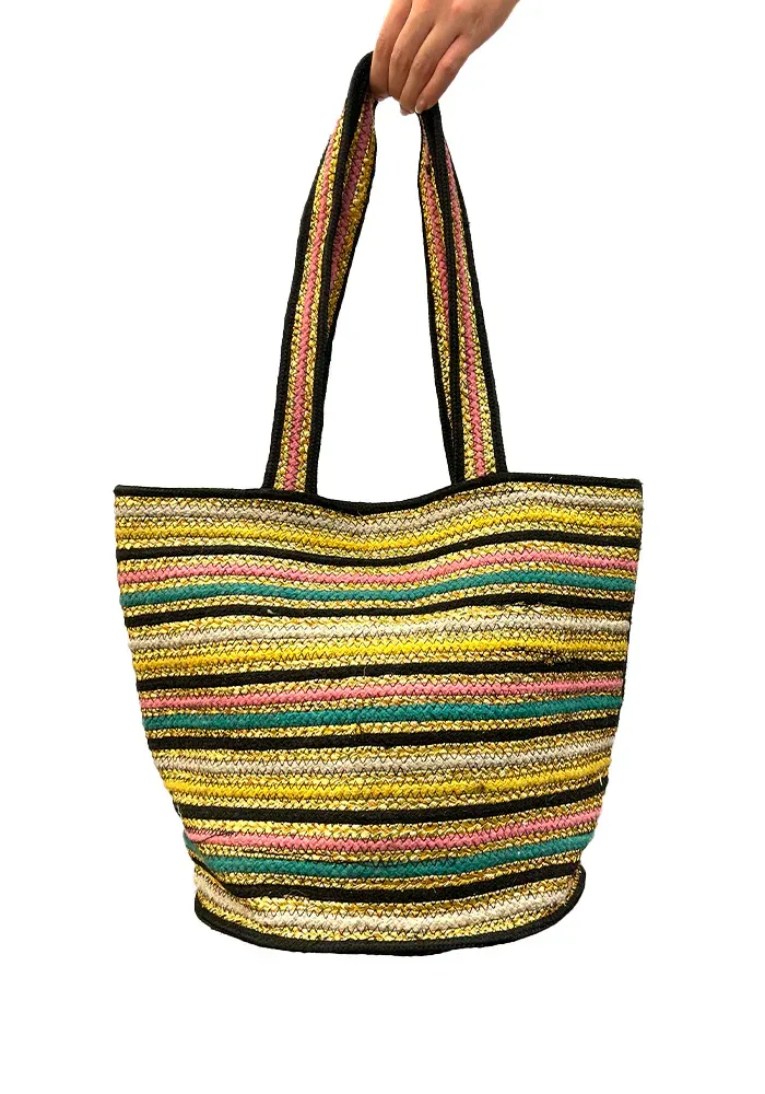 Cabas Rayé Doré, Multicolore Et Noir