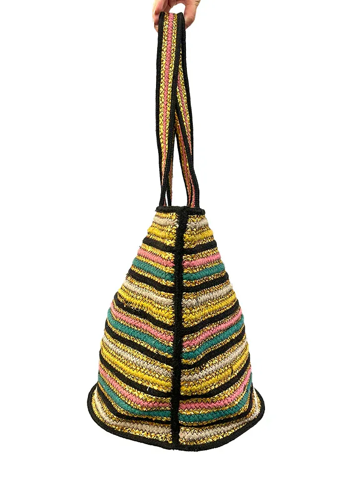 Cabas Rayé Doré, Multicolore Et Noir – Image 2