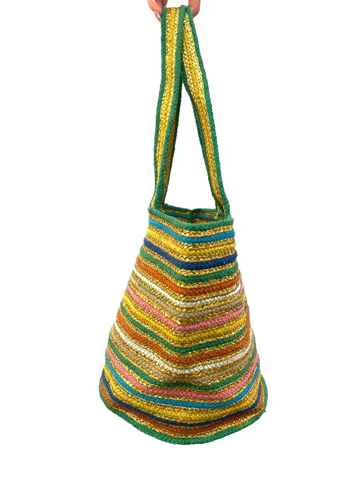 Cabas Rayé Doré, Multicolore Et Vert – Image 2